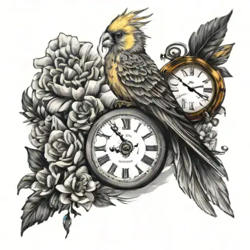 a cockatiel bird with a  clock in the backround for shoulder aswell as flowers for men black and white arm sleve tattoo tattoo design idea
