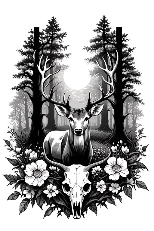 deer standing near a forest with sun shining down and a deer skull at the bottom wrapped with vines with flowers  tattoo design idea