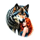 large alpha wolf protecting a red haired young adult female tattoo design idea