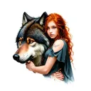 large alpha wolf protecting a red haired young adult female tattoo design idea