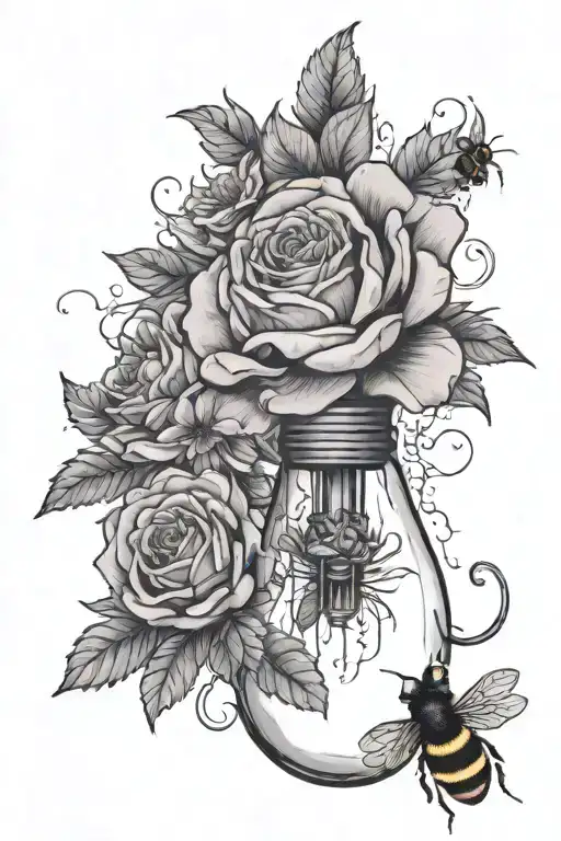 Light bulb with a violet, a rose, a chrysanthemum and a bee inside tattoo design idea