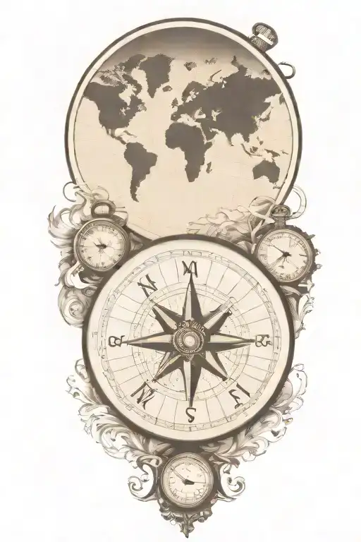 compass and pocket watch over world map outline tattoo tattoo design idea