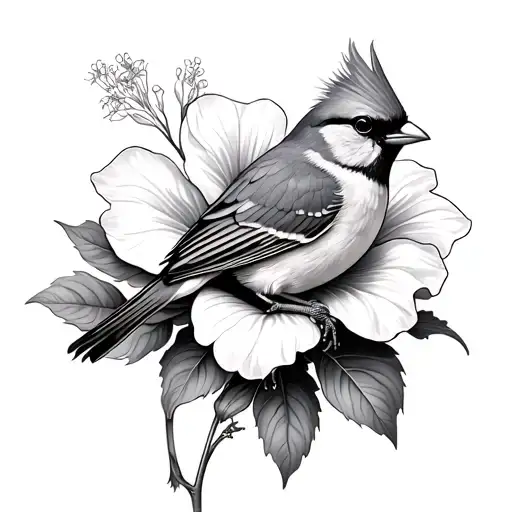 hibiscus flower and small cardinal sitting on flower tattoo design idea