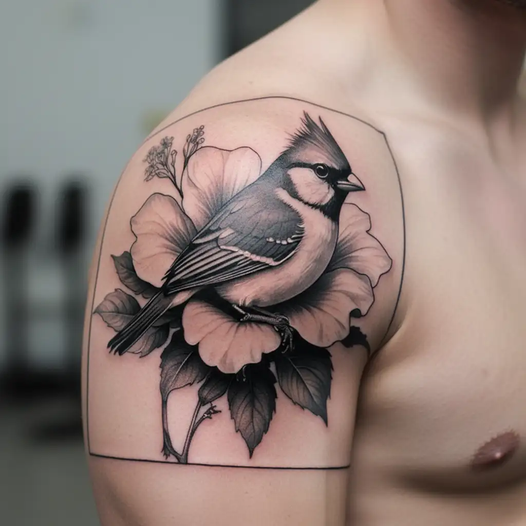 hibiscus flower and small cardinal sitting on flower tattoo design idea