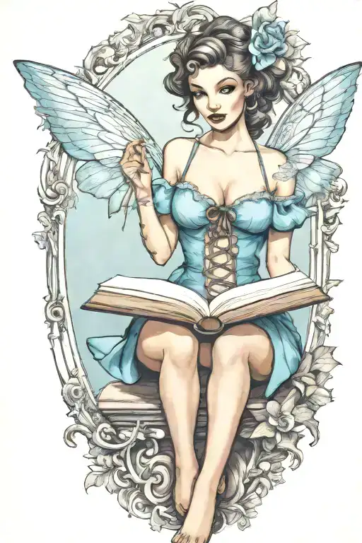pinup fairy holding open book tattoo design idea