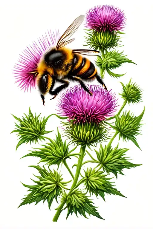 honeybee and thistle flowers tattoo design idea