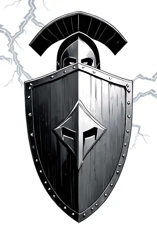 spartan warrior with shield, lightning in the background tattoo design idea