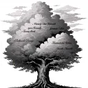 A family tree with family names on the branches with time of death with clouds behind it and in cursive tattoo design idea