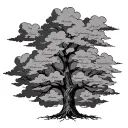 A family tree with family names on the branches with time of death with clouds behind it and in cursive tattoo design idea