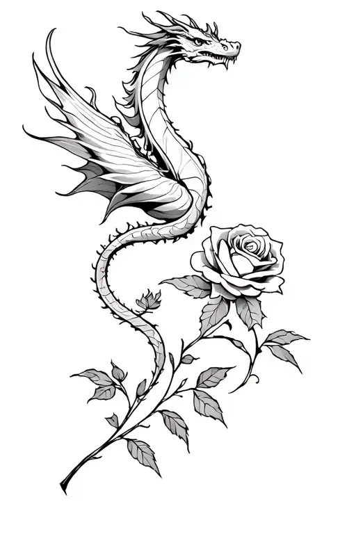 a long slim girly flying dragon rapped around a rose stem for a back tattoo tattoo design idea