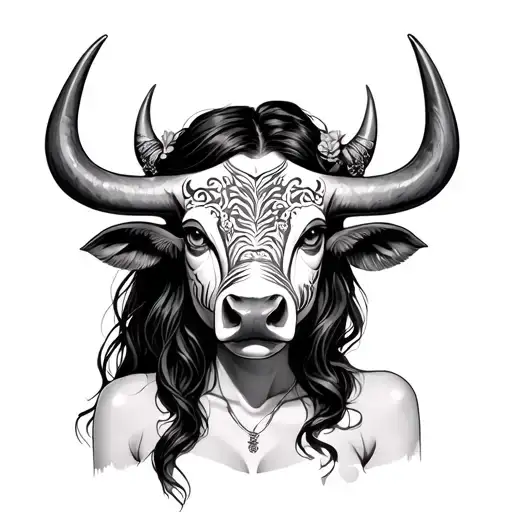 lady with water buffalo mask tattoo design idea