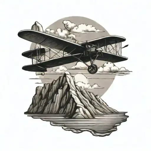 wright brothers plane with ocean and mountains tattoo design idea