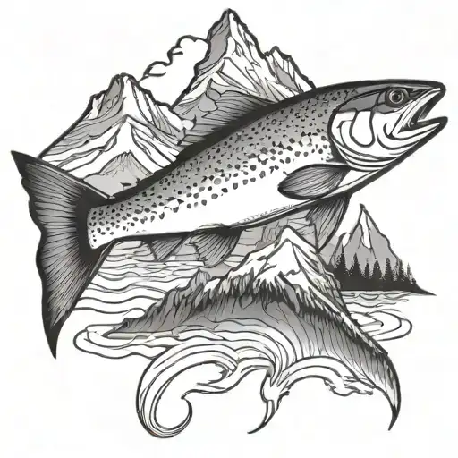 mountain with rainbow trout tattoo design idea