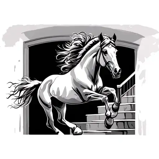 horse running up stairs tattoo design idea