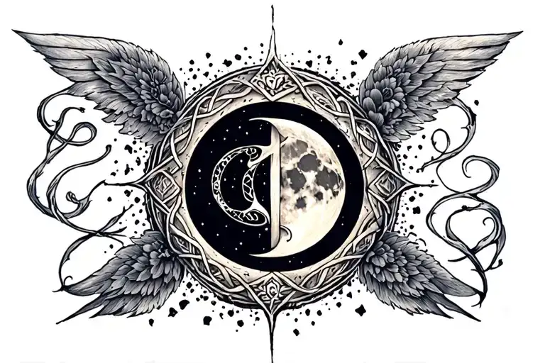 rune of riches, abundance, luck with the cyle of the moon tattoo design idea