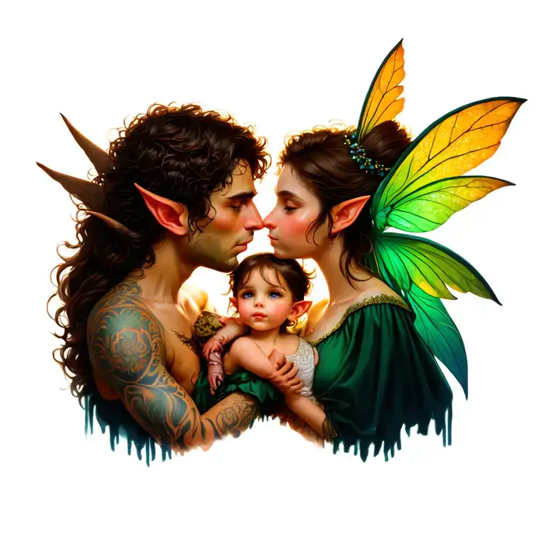 male elf and female pixie kissing his daughter tattoo design idea