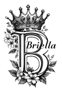 the name Briella with a crown over the B as a flower based sleeve  tattoo design idea
