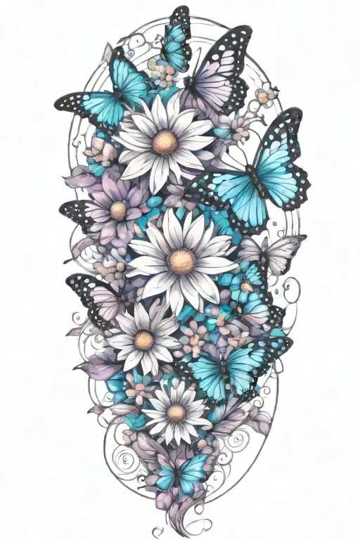 daisys, blue cosmos flowers, one purple butterfly tattoo design idea