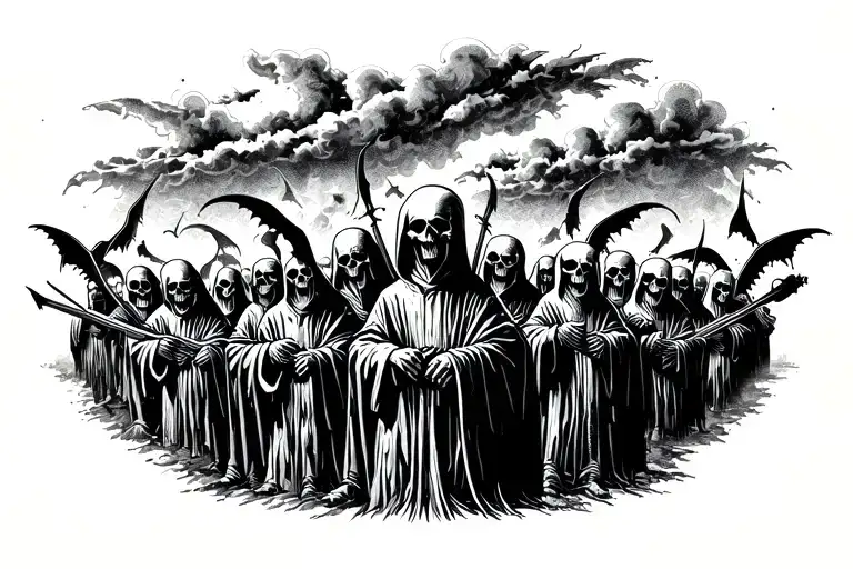 very unlcear and distressed simple army of grim reapers. gorey. with black distressed clouds behind. tattoo design idea