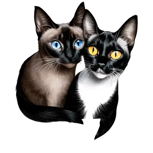 tattoo of two cats, only lines, one is chubby, with blue eyes, Siamese, the other is black with white, yellow eyes, more tattoo design idea