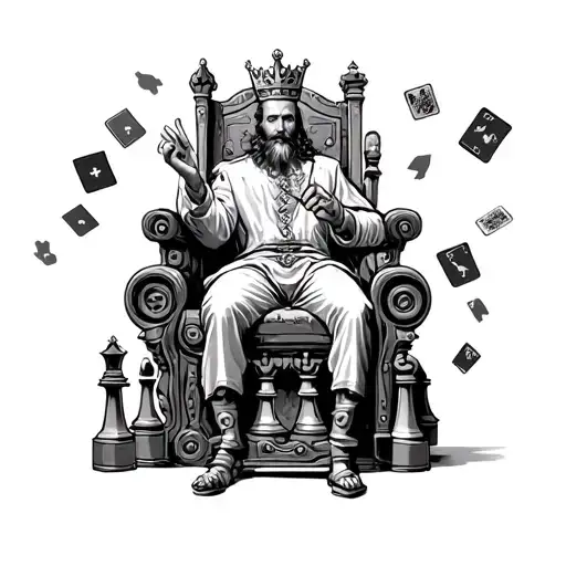 king playing cards and sitting on a throne with mechanincal wheels under and chess pieces flying everywhere tattoo design idea