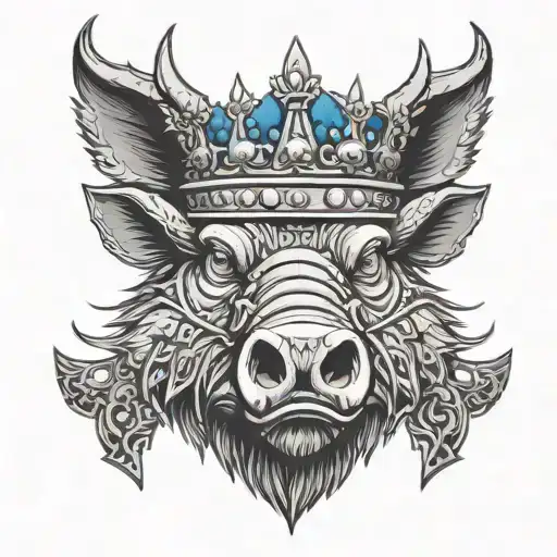 boar head with blue eyes wearing a crown in chains with mouth open with a petterned background tattoo design idea