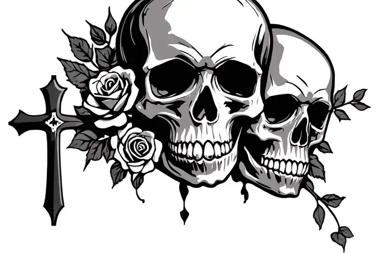 skull with roses and cross tattoo design idea