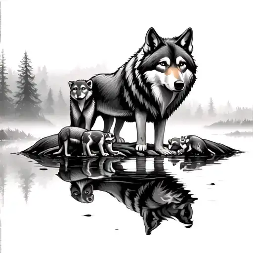 father wolf with three cubs in forest reflecting off water tattoo design idea