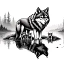 father wolf with three cubs in forest reflecting off water tattoo design idea