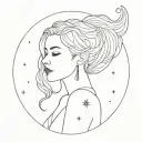 a girl with the galaxy as her hair tattoo holding open tattoo design idea