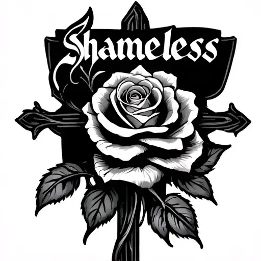 cross with the word 'shameless' with a rose wrapped around it less bulky tattoo design idea