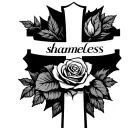 cross with the word 'shameless' with a rose wrapped around it less bulky tattoo design idea