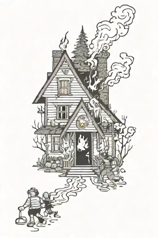 burning house surrounded by people with torches chasing monster through forest. tattoo design idea