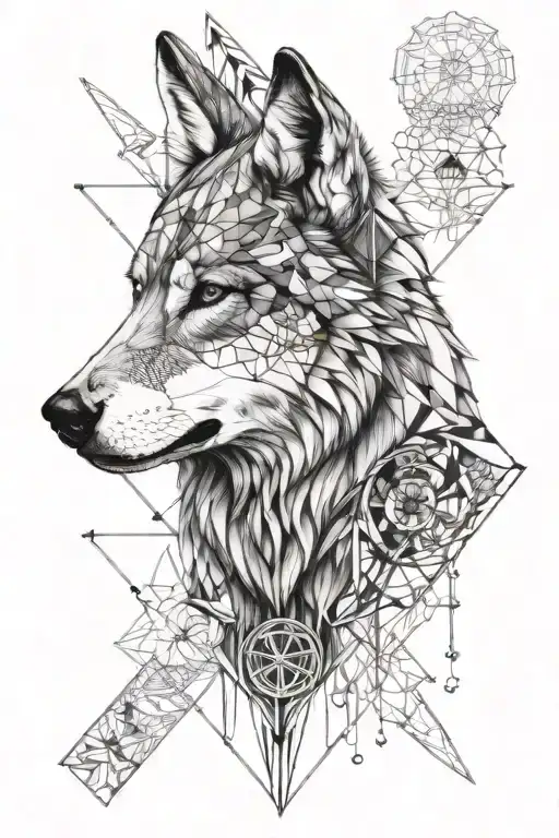 sacred geometry patterns with realistic wolf head tattoo design idea