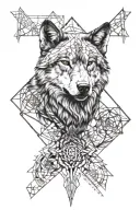 sacred geometry patterns with realistic wolf head tattoo design idea