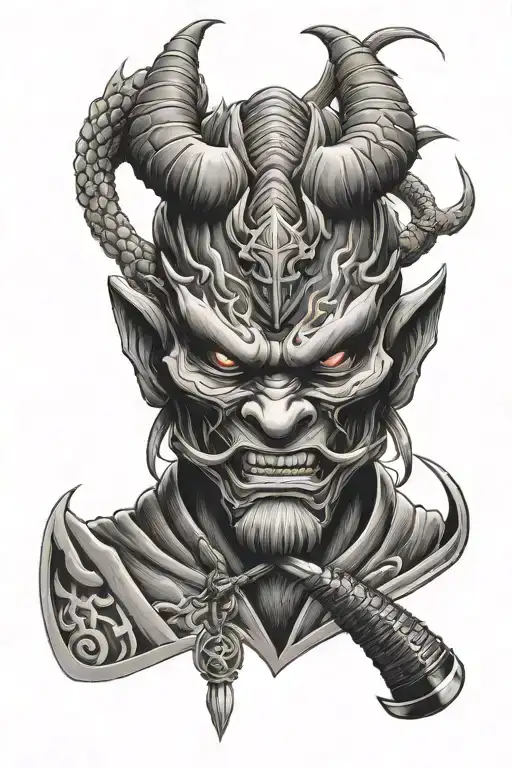 oni mask, dragon, samurai warrior with sword tattoo design idea