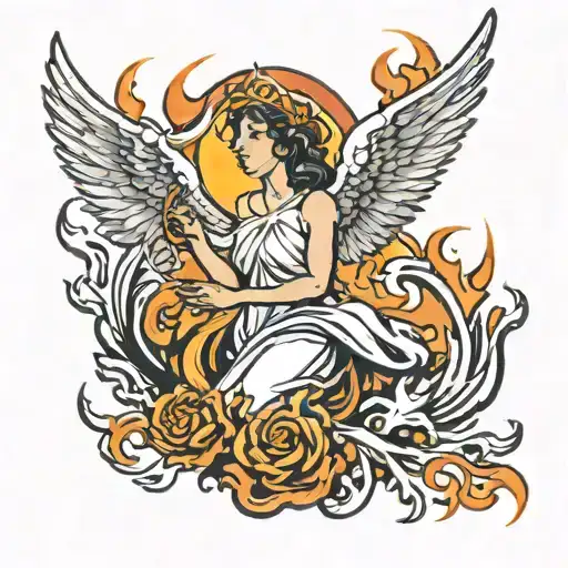 Angel halo on fire flames tattoo design idea