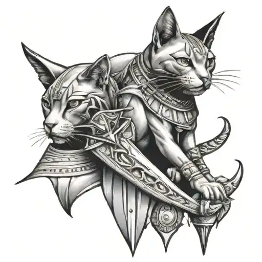 Egyptian curved dagger strapped to thigh with cat Pharoah head hilt tattoo design idea