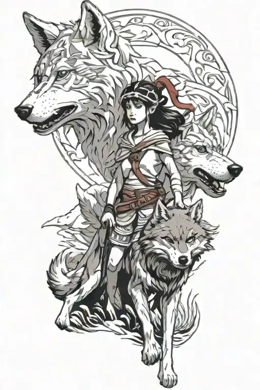 Princess Mononoke with wolf surrounded tattoo design idea