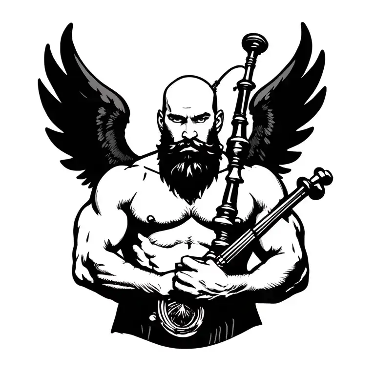 handsome scottish bagpiper bald black beard  muscular wearing pipes in arm big black wings shirtless tattoo tattoo design idea
