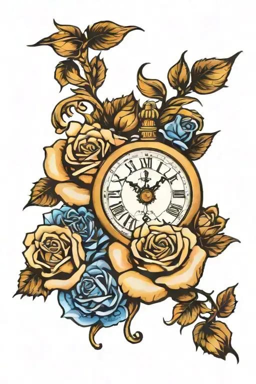 clock face rose and blue eye tattoo design idea