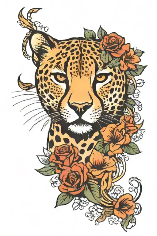 cheetah and flowers intertwined tattoo design idea