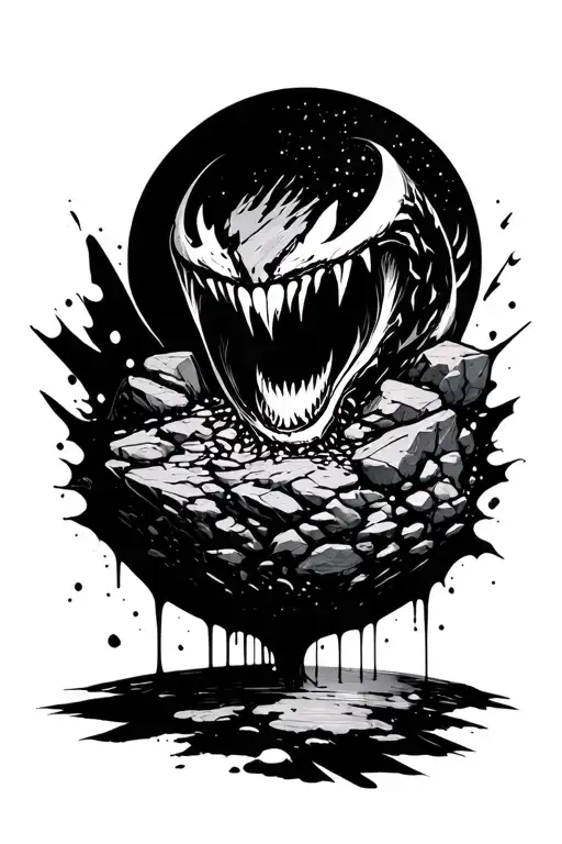 rocks breaking off from a planet with venom drips tattoo design idea