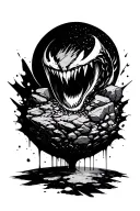 rocks breaking off from a planet with venom drips tattoo design idea