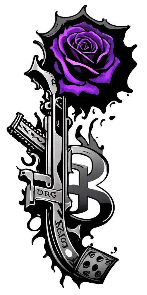 Dices in Fire, Letter 'B' gangster font, AK-47, Purple Rose, Cross, Dollar bill, Smoke, Crown tattoo design idea