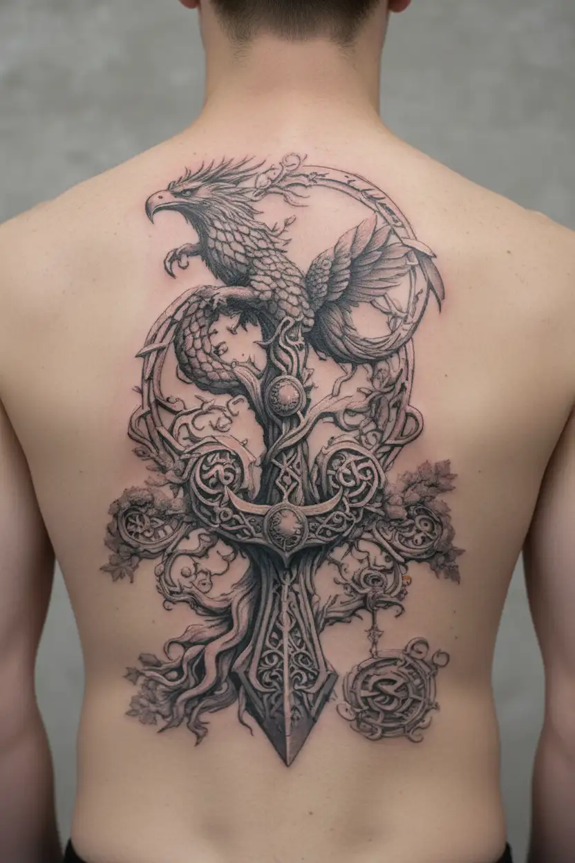 Yggdrasil, Thor's Mjolnir and Persian Simurgh in one singular cohesive design. Realism tattoo tattoo design idea