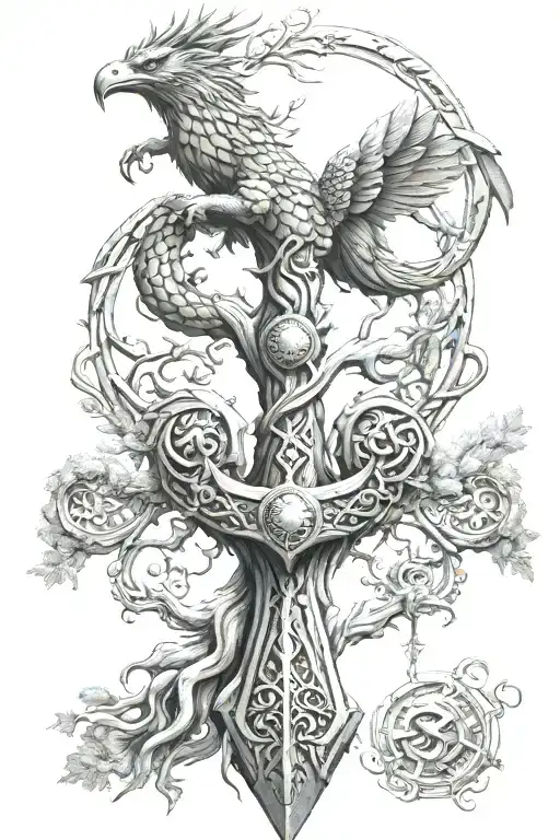 Yggdrasil, Thor's Mjolnir and Persian Simurgh in one singular cohesive design. Realism tattoo tattoo design idea