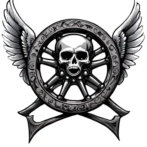 wheel with wings and skull tattoo design idea