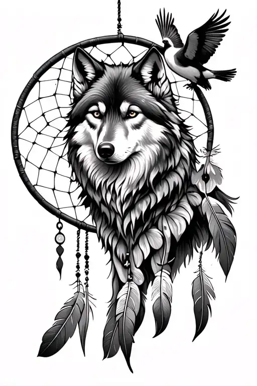 wolf dreamcatcher with birds coming out of feathers tattoo design idea