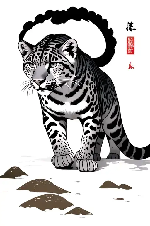 Chinese style snow leopard walking tattoo design idea